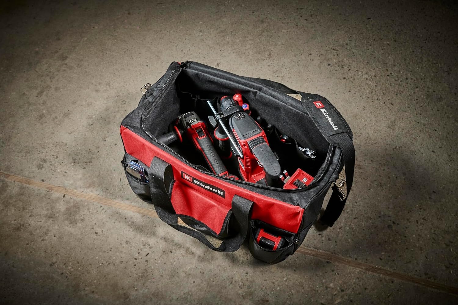Einhell Borsa portautensili 56/29 - Valigetta per attrezzi e accessori, resistente con base rinforzata, tracolla, maniglia per il trasporto, varie tasche e scomparti - Contenitore per utensili