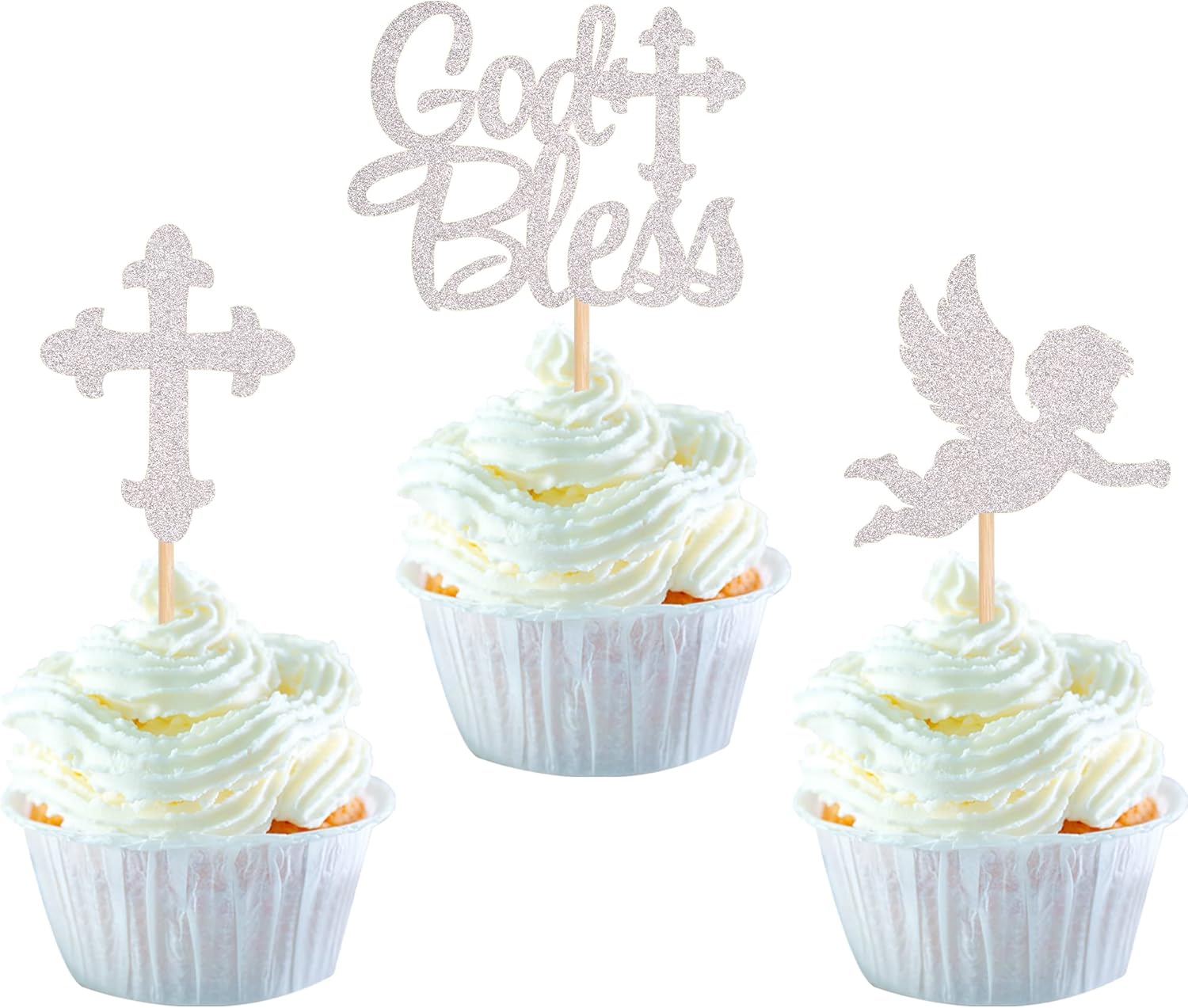 SYKYCTCY24 Pack God Bless Cupcake Toppers Glitter Cross Angel Cupcake