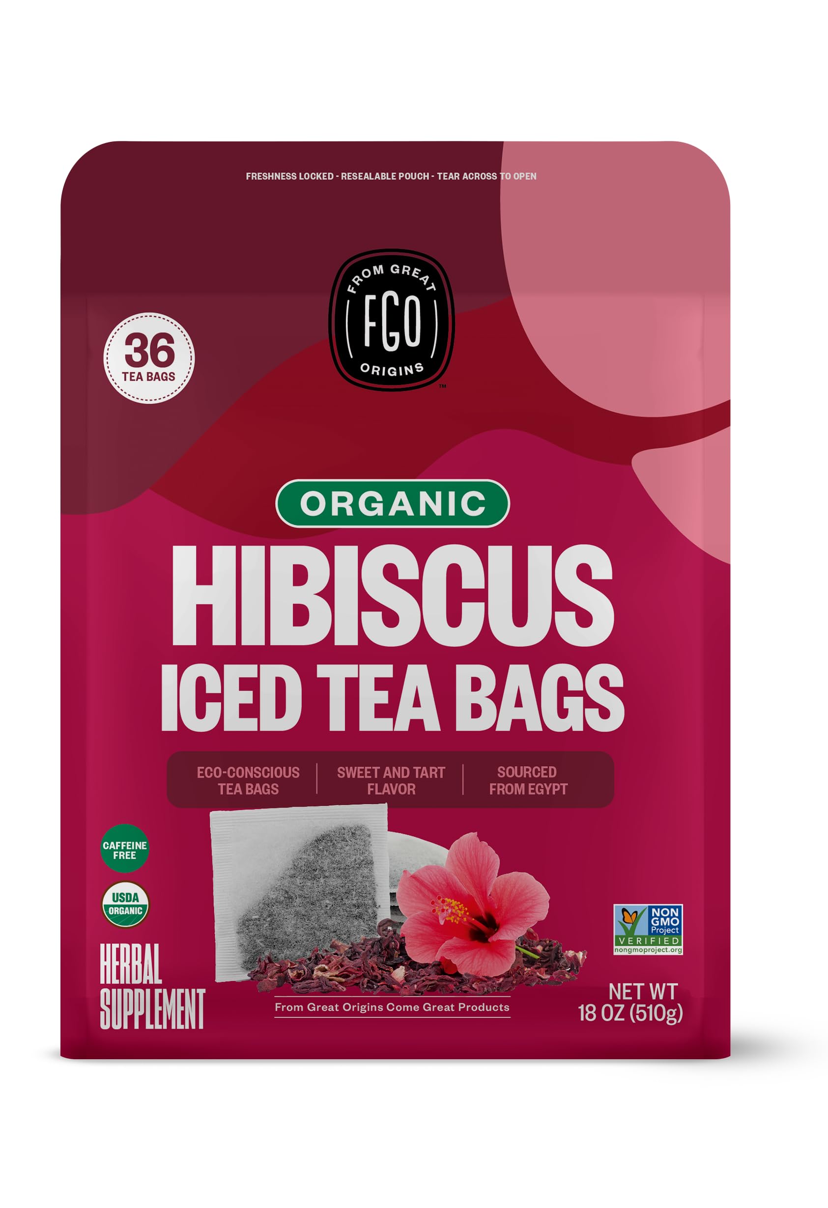FGO Organic Hibiscus Iced Tea, 36 Eco-Conscious Pitcher Sized Tea Bags, Packaging May Vary (Pack of 1)USDA Organic