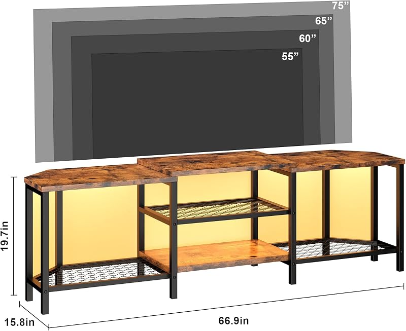 IDEALHOUSE Modern Rustic TV Stand Fits Up to 75 Inch TV, Corner LED Entertainment Center with Power Outlets & 4 Open Storage Shelves, Vintage Style Media Console Table for Living Room Bedroom image 7