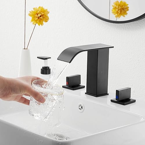 Miniatura 8 de Grifo de baño negro mate extendido GGStudy 3 agujeros 2 manijas cascada negra moderna grifo de lavabo de baño con drenaje desplegable