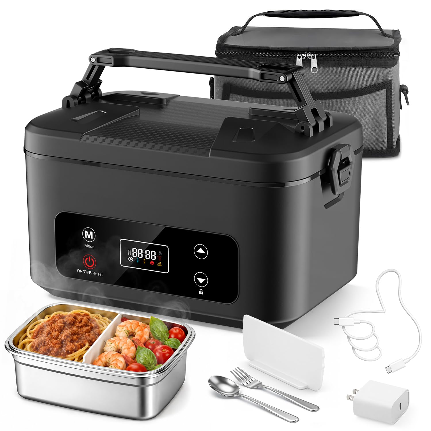 Elektrische Lunchbox, 100W Brotzeitbox Brotdose Groß 1.2L, 24000mAh Heatbox | Kabellos Tragbare Beheizbare Lunchbox Elektrisch Erwachsene mit Edelstahl Gabel Löffel für Büro Arbeit Auto Lkw Camping