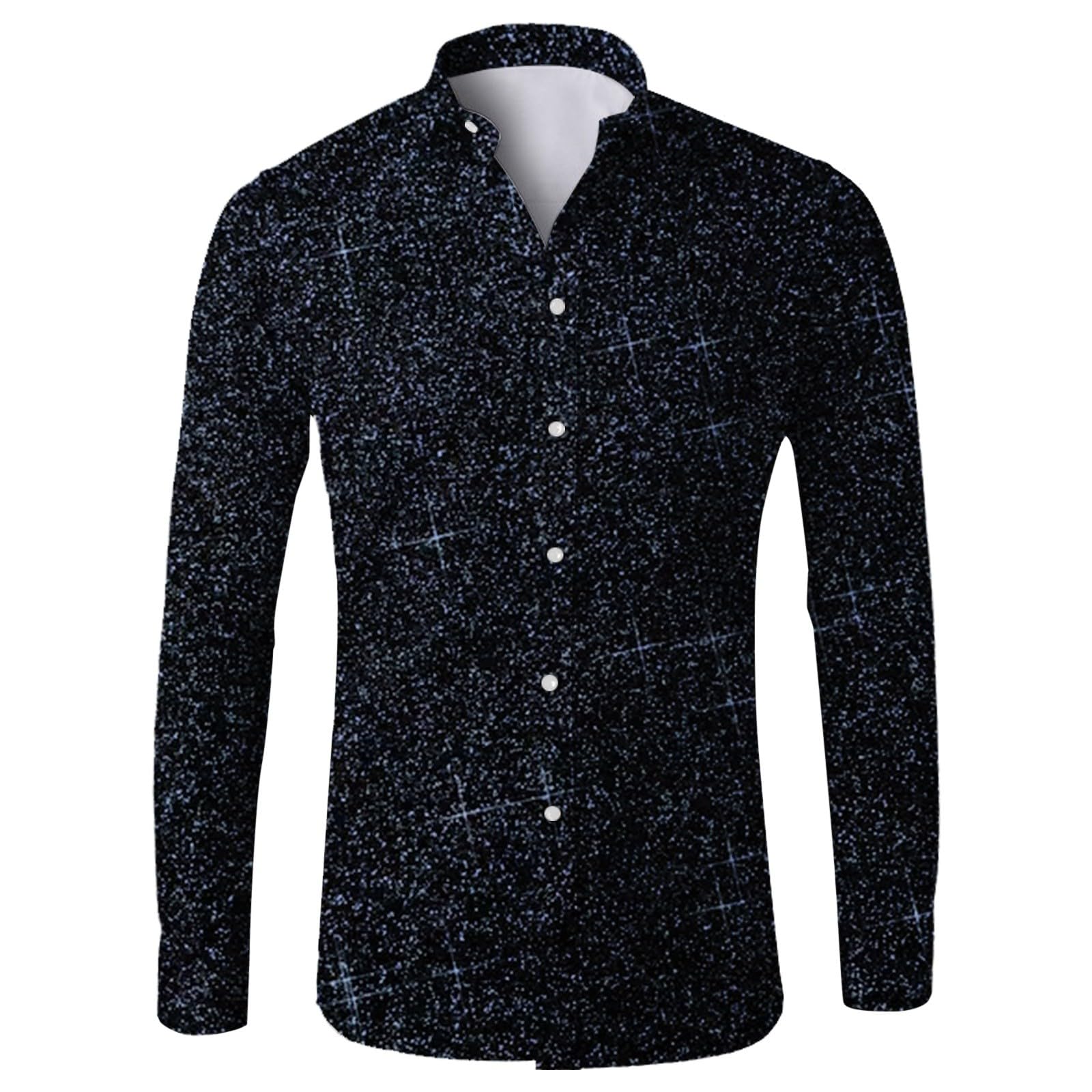Mens Sequin Printed Shirt Long Sleeve Glitter SparkIe Shirt for Carnival Festival Party Nightclub Fancy Dress Shiny Disco Costume Tops Button Down for Men Stage Performance Clothing Dark Blue โ image 1