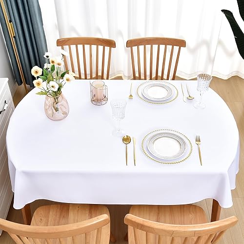 Miniatura 3 de Mantel ovalado de tela de poliéster de 60 x 84 pulgadas, color blanco sólido, resistente, lavable, para comedor, cocina, fiesta en casa