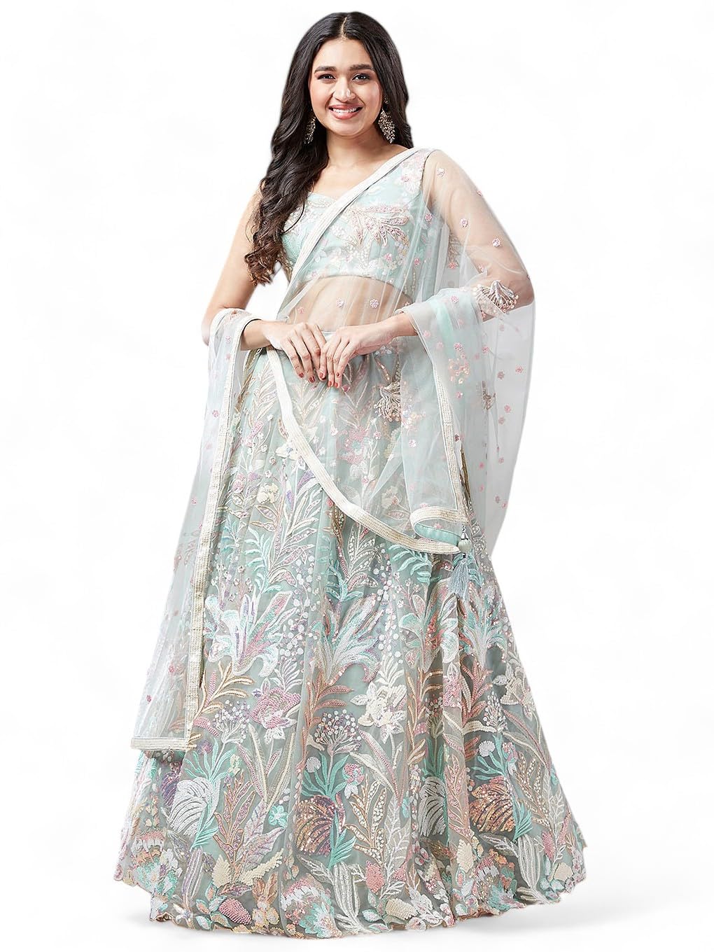Women's Sequins Embroidered Soft Net Lehenga Choli With Dupatta (6032-Pista-Wedding-Stylish-Lehenga-Choli-Latest; Free Size)-image-47
