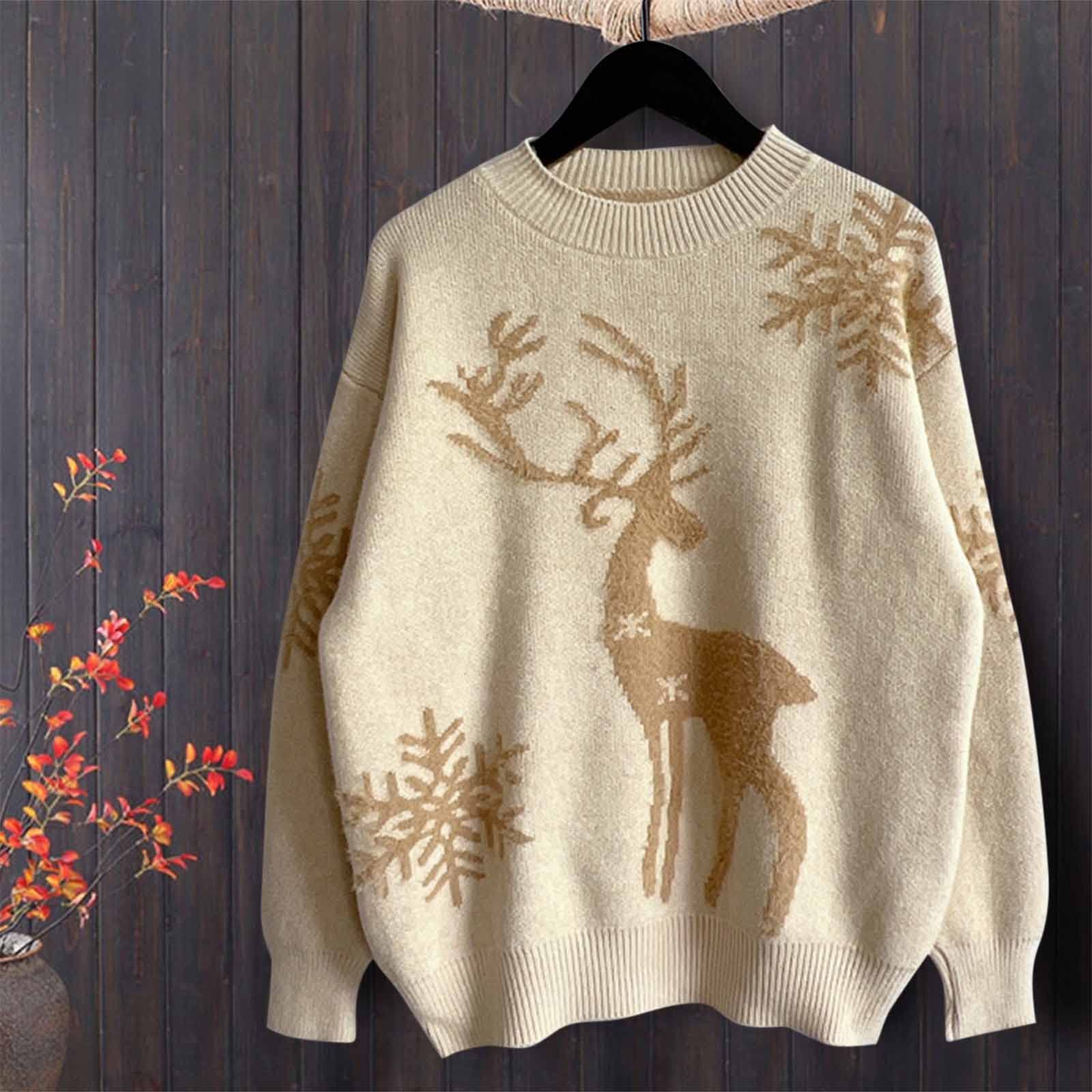 mymixtrendz Maglione natalizio a maniche lunghe con fiocco di neve e renna da donna, Crema, 40-42