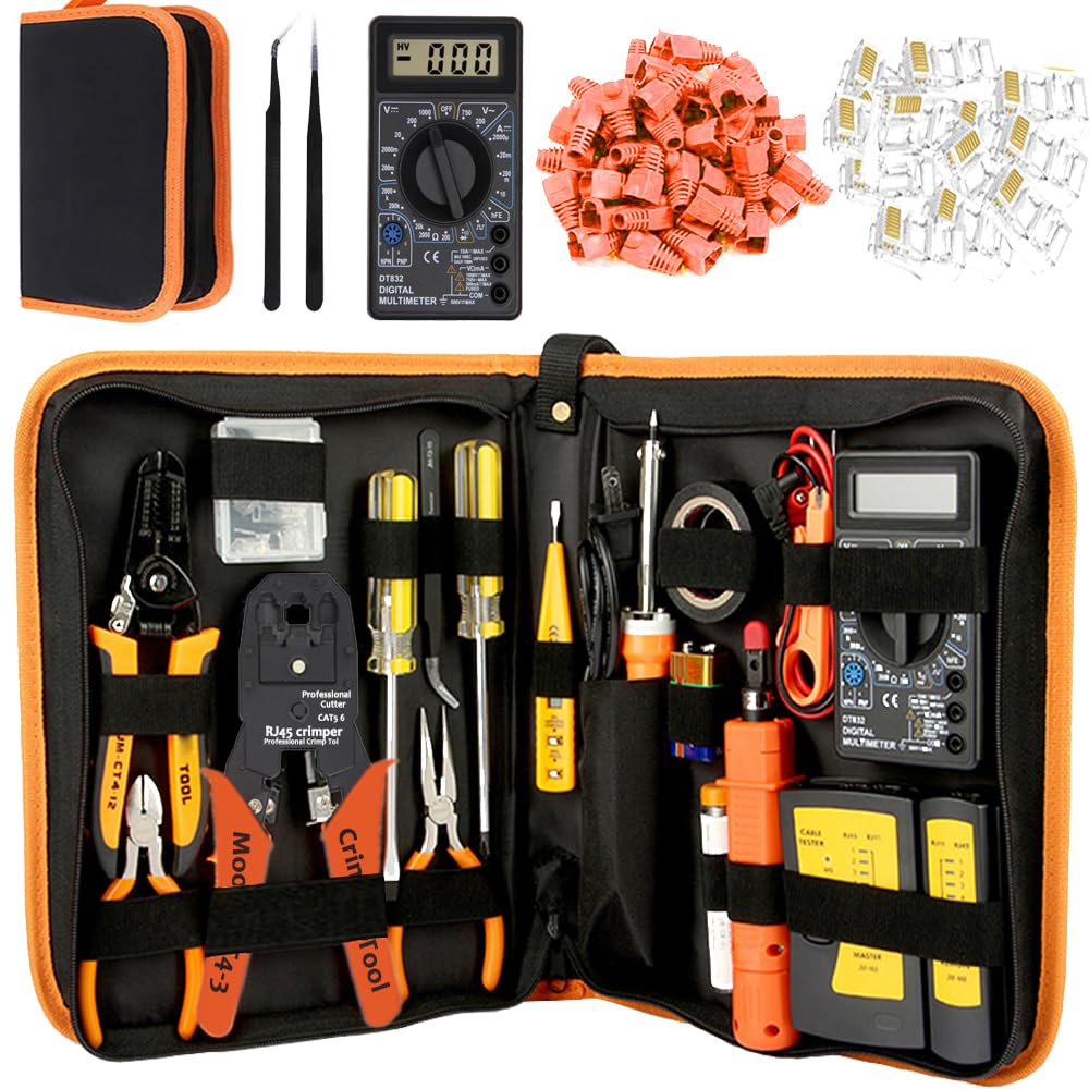 LEATBUY Network Crimp Tool Kit for RJ45/RJ11/RJ12/CAT5/CAT6/Cat5e/8P, Professional Crimper Connector Stripper Cutter, Computer Maintenance Lan Cable