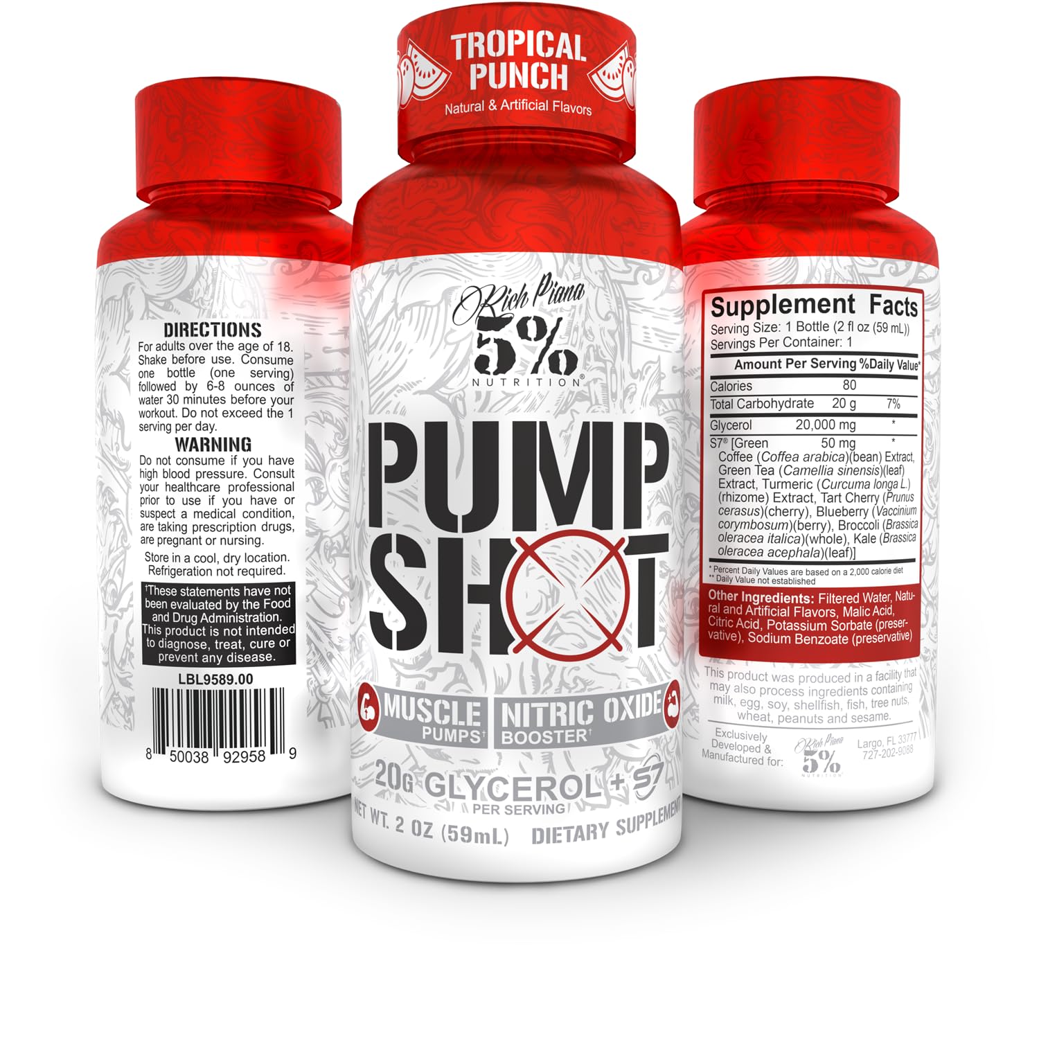 5% Nutrition Rich Piana Pump Shot Liquid Glycerol | 12 Pack Caddy | Tropical Punch