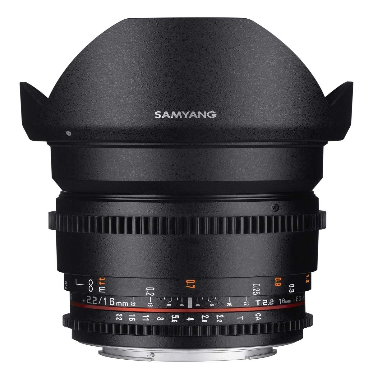 Samyang F1322703101 - Objetivo para vídeo VDSLR para Nikon F (Distancia Focal Fija 16mm, Apertura T2.2-​22 ED AS UMC CS II, diámetro Filtro: 77mm), Negro