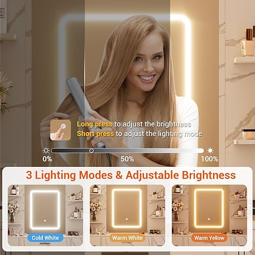 Miniatura 4 de Garvee Tocador de maquillaje con espejo y silla, toma de corriente, soporte para secador de pelo, 7 cajones, 3 modos de iluminación, tocador