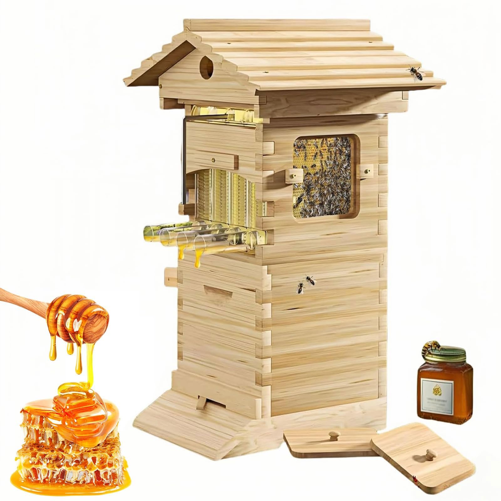 Kit de iniciación de colmena de abejas de flujo de madera for apicultura | Completo for principiantes,caja abejas completa,ventana de observación,grifo con boquilla de miel,casa abejas carpinteras