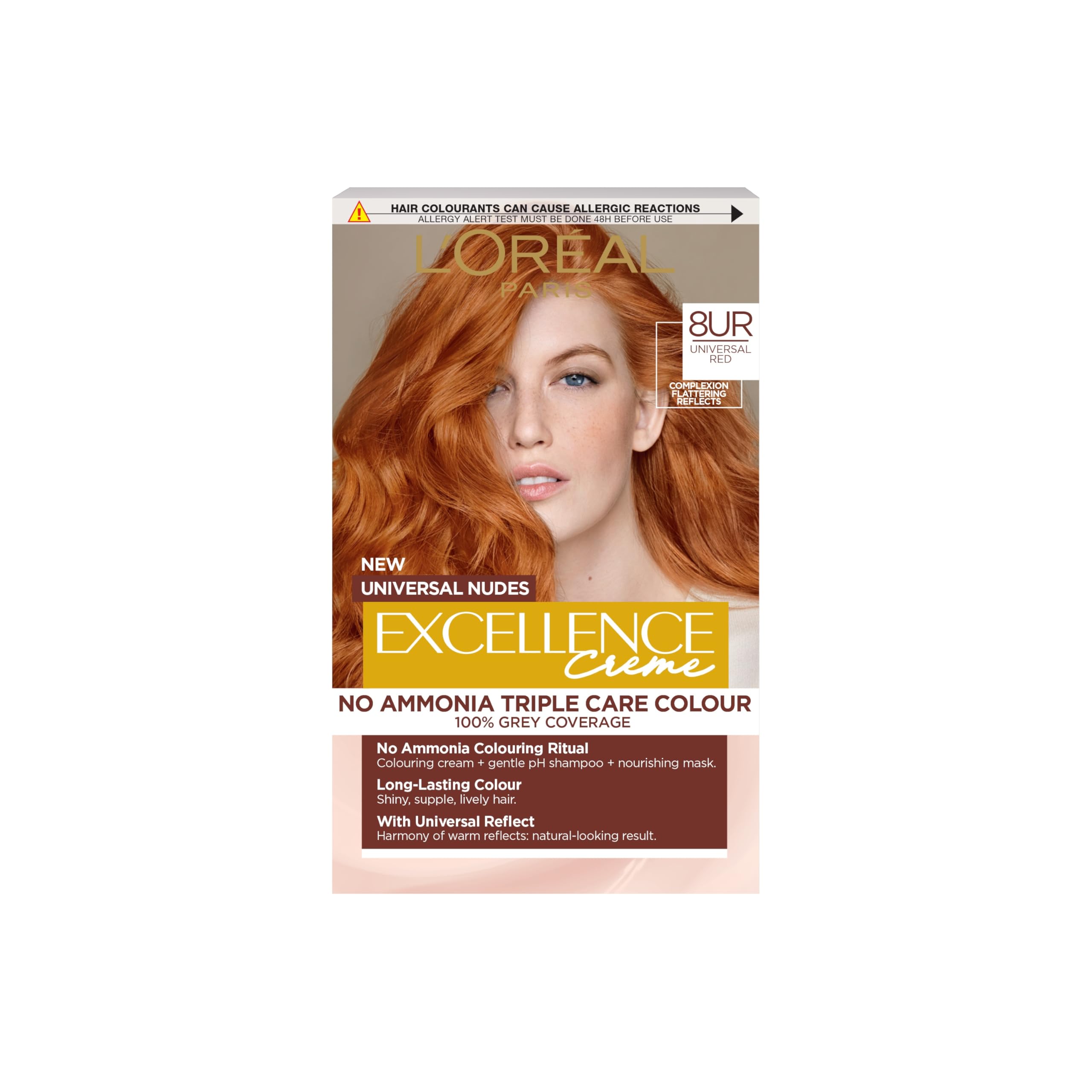 L'Oréal Paris Excellence Universal Nudes Hair Colour, Ammonia-Free, Micro-Keratine, Triple Care, 100% Grey Coverage, Radiance Boosting, 8UR Universal Red