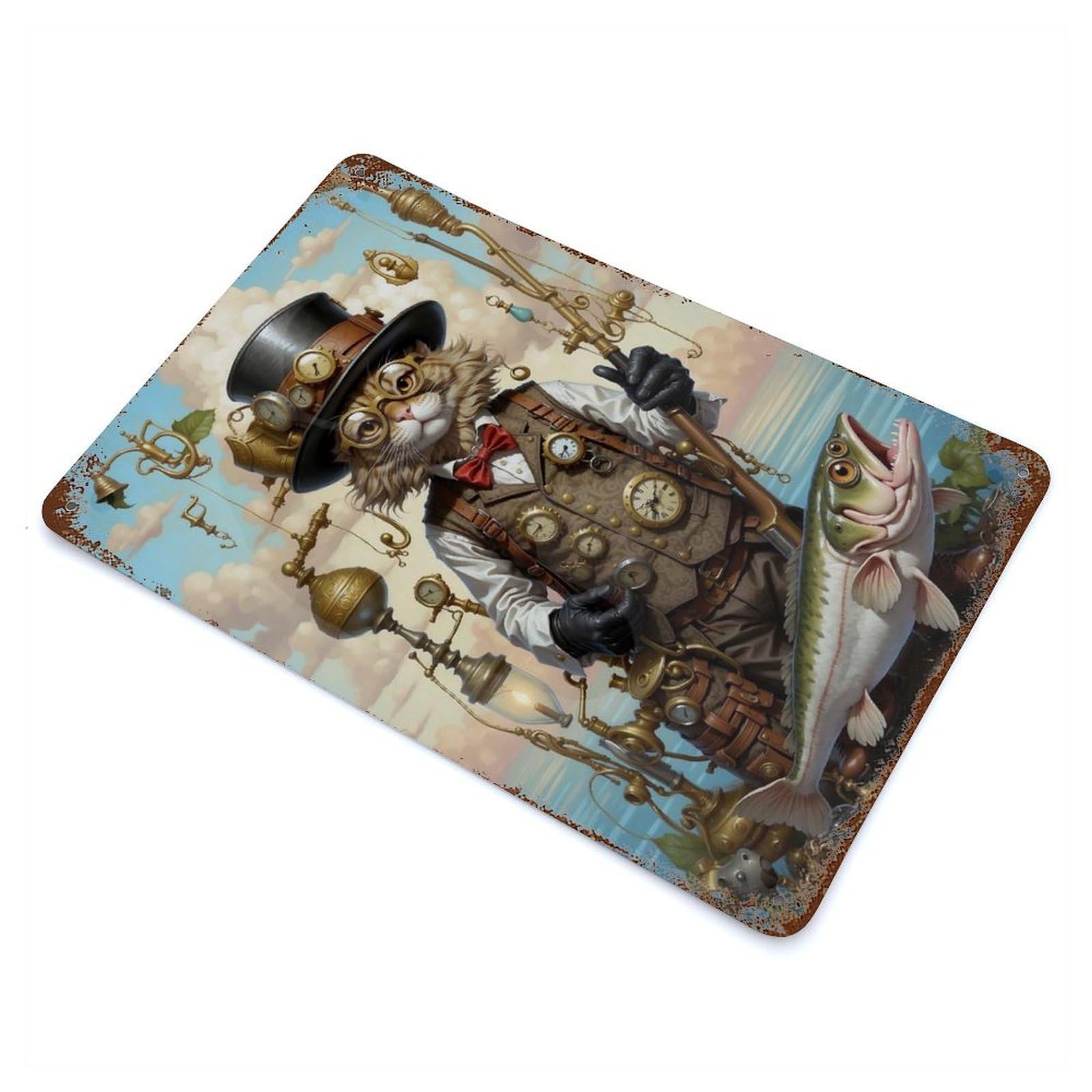 Steampunk Cat Bass Fishing Retro Metal Sign 11.8"x7.9", for Pub, Kitchen And Man Cave Decor, Retro Wall Decor