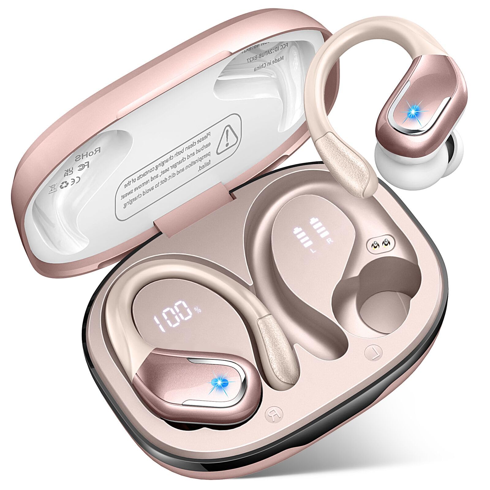 Wireless Earbuds, 75H Bluetooth 5.4 Headphones Sports with ENC Mic, Stereo Noise Cancelling Ear Buds, Wireless Headphones with Earhooks, LED Display, IP7 Waterproof Bluetooth Earphones for Running Gym