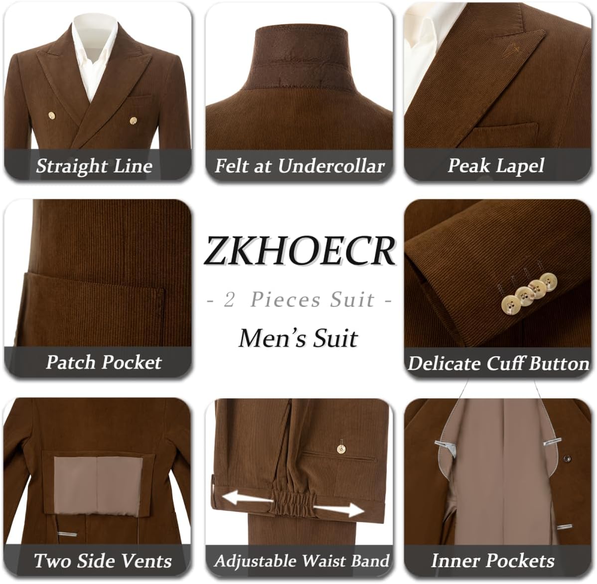 Men 2 Piece Corduroy Suit Slim Fit Suits Double Breasted Suit Blazer Jacket Pants Set Formal Wedding Prom Tuxedos - Image 2