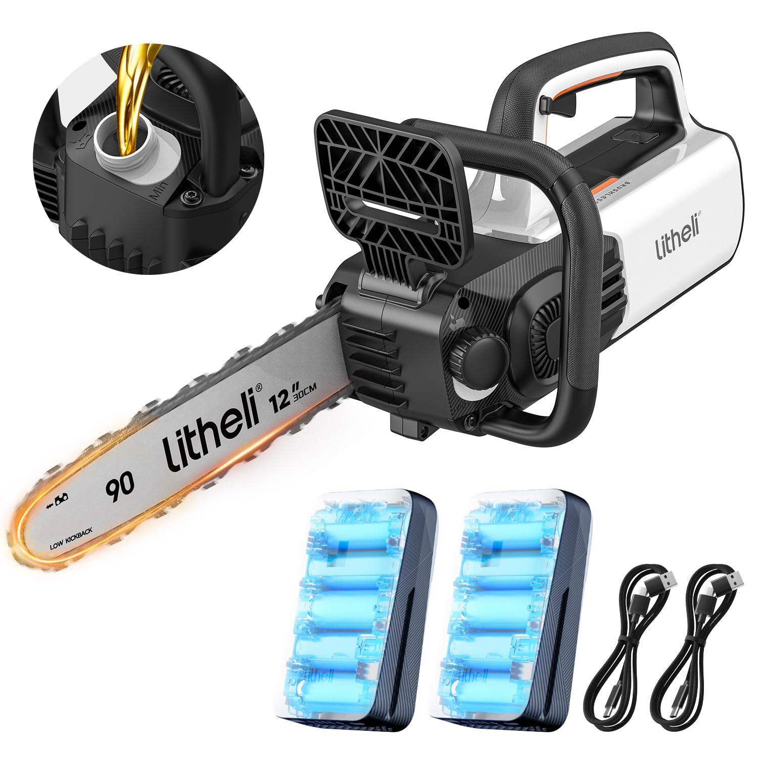 Litheli Battery Chainsaw, Hand Chainsaw with Brushless Motor, 30 cm Saw Blade, 8 m/s Chain Speed, Automatic Lubrication System, Tool-free Adjustment, 20000 mAh Rechargeable Battery