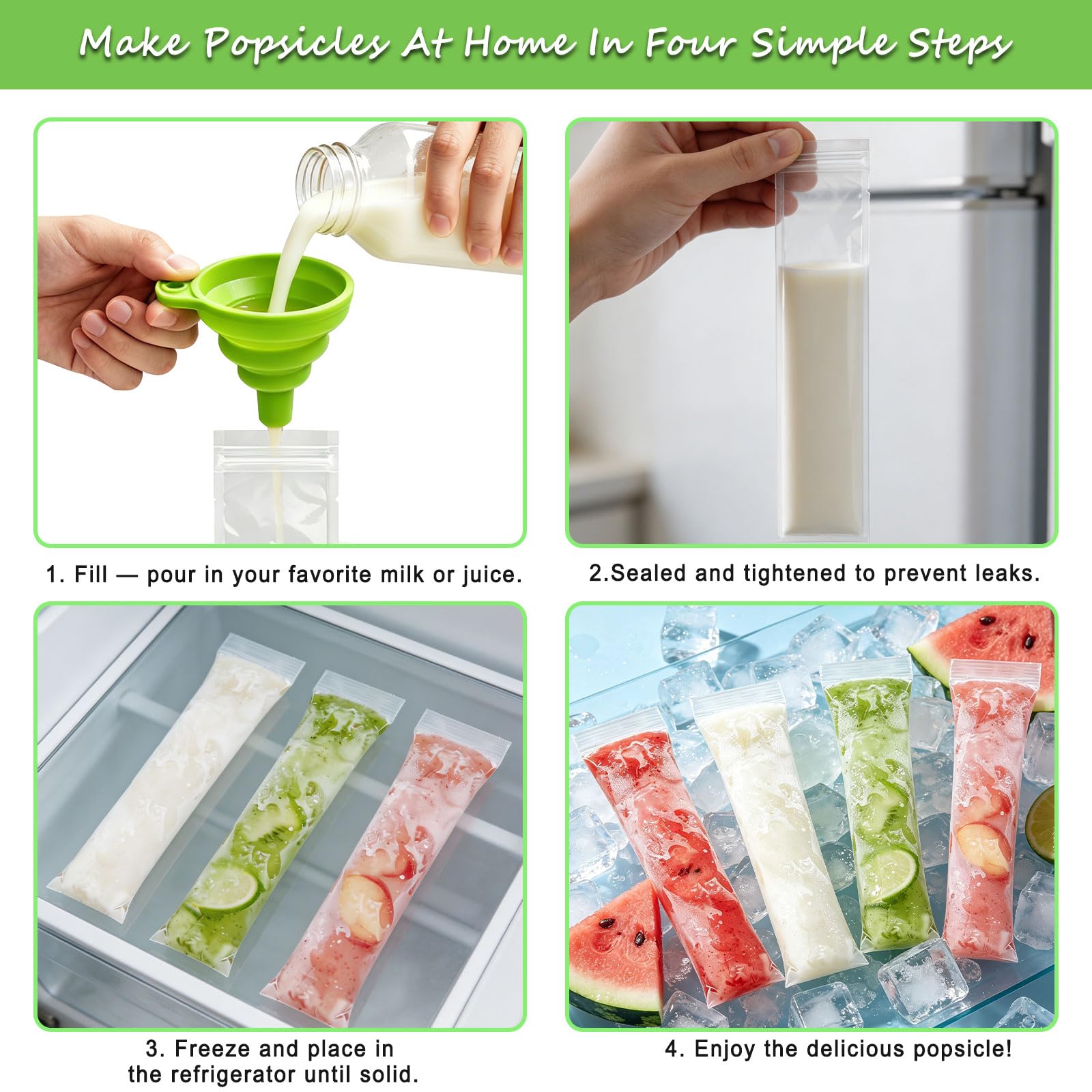 200 Pièce Sachet Glace à l'Eau, Moule Sacs Popsicle avec Entonnoir, Tube Glace à l'Eau pour Jus, Yaourt, Bonbon, Glaces Maison, 28 x 5,5cm