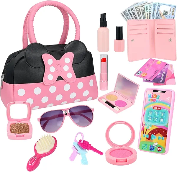 Pretend Play Purse for Little Girls, Toddler Purse with Pretend Makeup Toys for Toddlers, Princess Pretend Play Purse Toys with Accessories, Kids Purse Toy Birthday Gift for Girls Age 3 4 5 6+