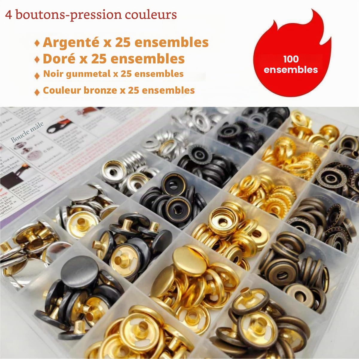 SUNAROC 15 mm Boutons Pressions Metalliques, Boutons Pression Marine Avec Outils Pince En Pour Cuir, Bricolage, Tissu, Vêtements, Sacs，100 Sets 4 Coloris