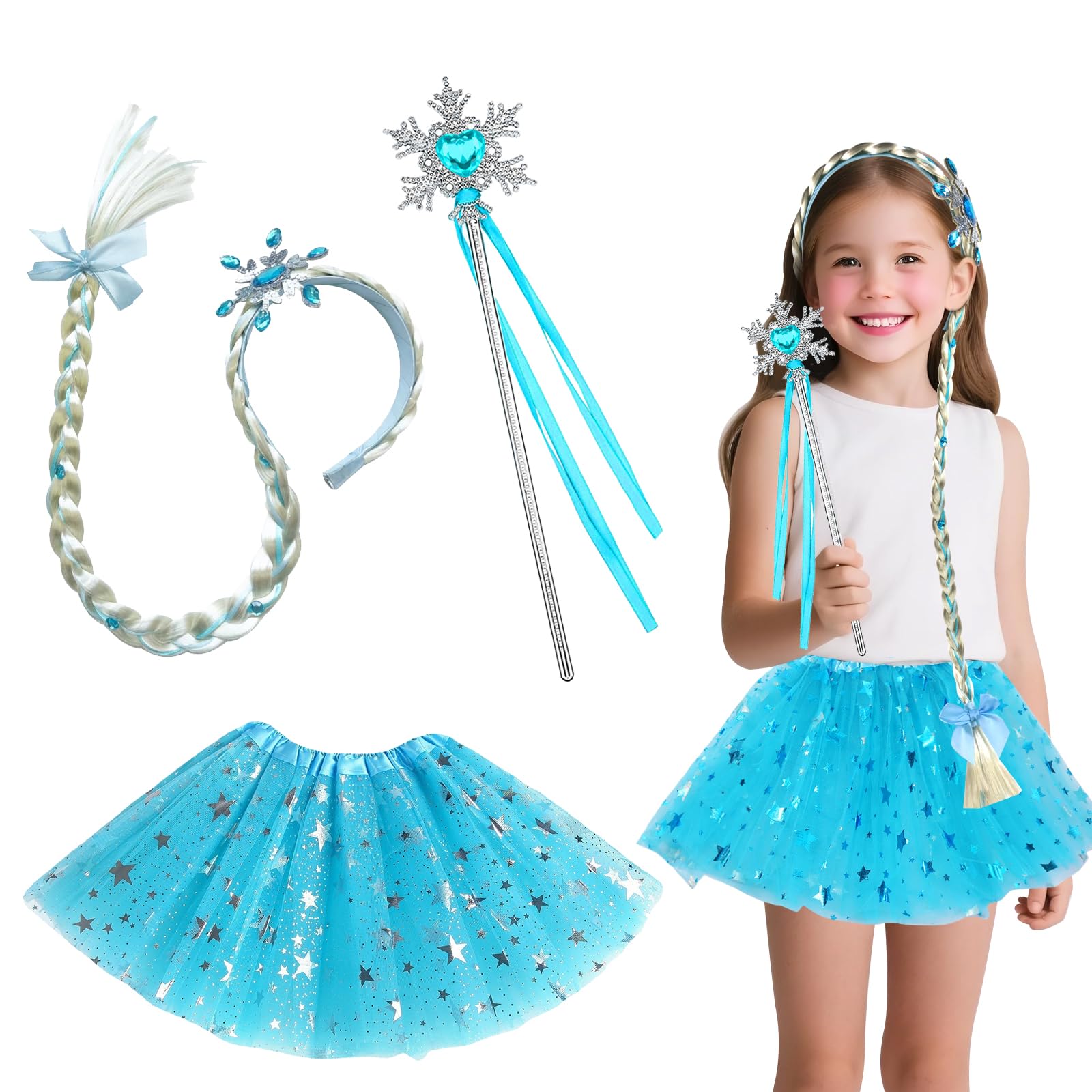 Cosysparks Princess Dress Up for Girls, 3 Pcs Princess Costumes Accessories with Headband Wig Blue Tutu Skirts and Fairy Wand Princesses Fancy Dress for Kids Cosplay Halloween