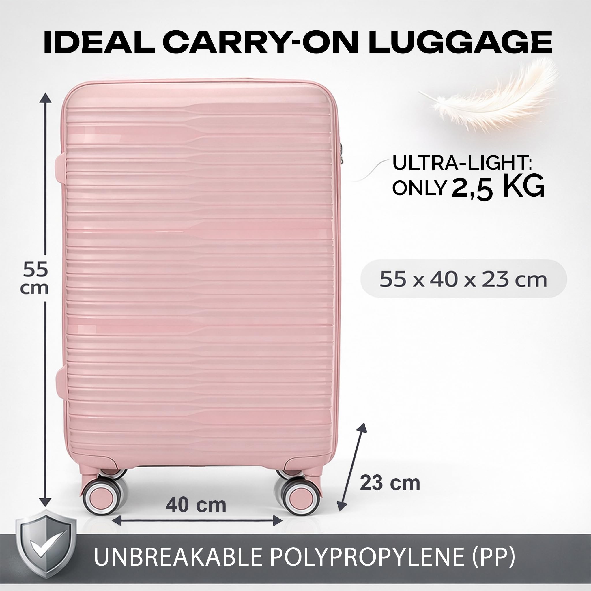 POSH Valigia da cabina 55x40x23 cm - Bagagli rigida leggera da 2,5 kg in polipropilene - Trolley da 37 L con doppie ruote silenziose a 360° - Robusta da viaggio con serratura TSA