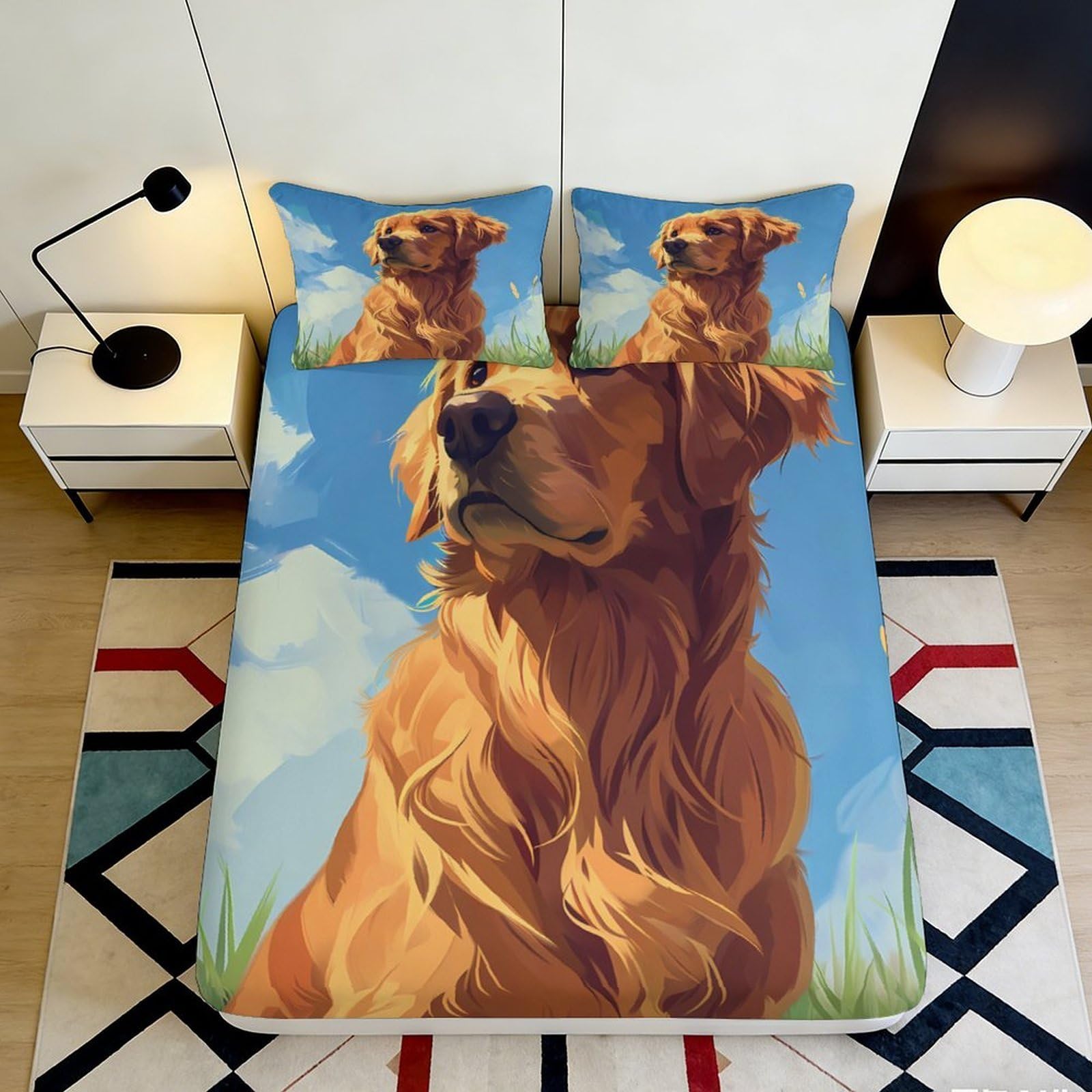 3D Printed Golden Retriever Fitted Sheet Microfiber Soft Anti-Slip Dog Art Bed Cover for Bedroom Dorm Guest Room Decor 90x200x25cm