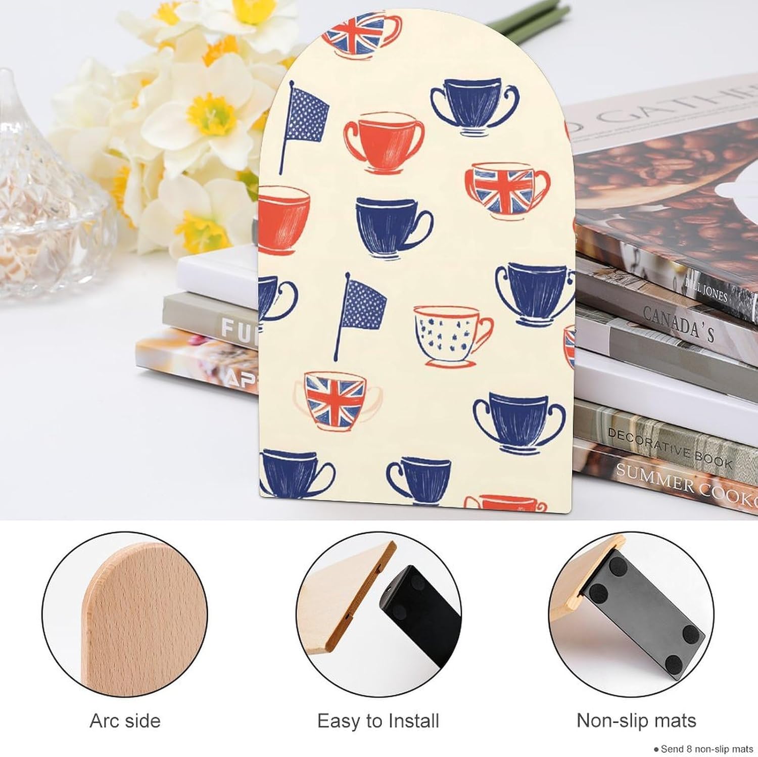 Britain Themed Teacup Tea Party Cute Wood Book Ends Decorative Bookends 1 Pair Non-Skid for Shelves Home Office 7 X 5 Inch