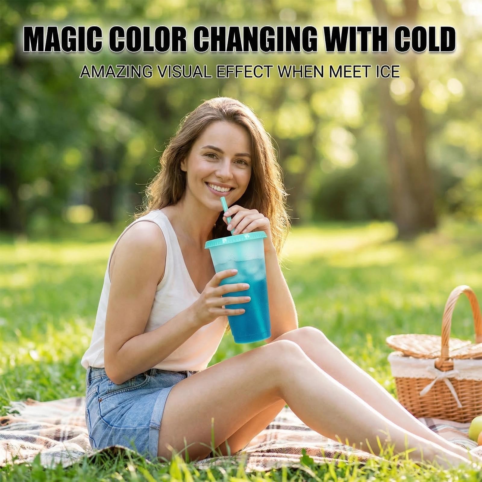 10 bicchieri che cambiano colore, 710 ml, con coperchio, in plastica colorata riutilizzabile, con coperchio e cannuccia, per caffè, bevande fredde, campeggio, infrangibili