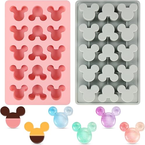 Paquete de 2 moldes de silicona para ratón, 15 cavidades antiadherentes, para cubitos de hielo, gomitas de chocolate y dulces (gris-rosa)