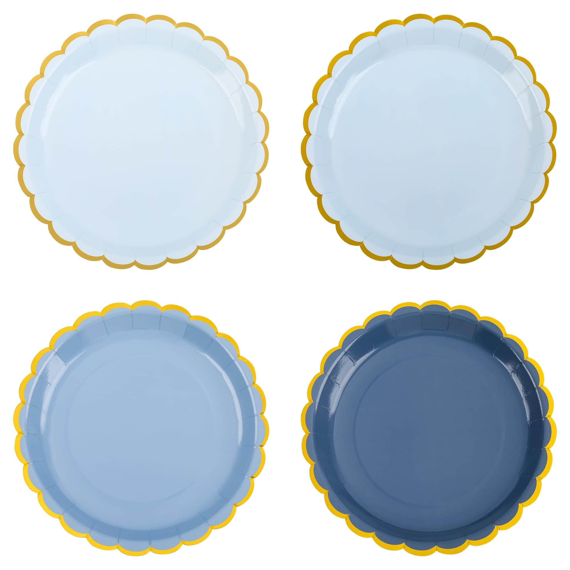 AimFun Dusty Blue Scalloped Party Plates Gold Foil Border Paper Plates Disposable 9inch Gradient Blue Serving Plates for Birthday Baby Shower Party Supplies (24)