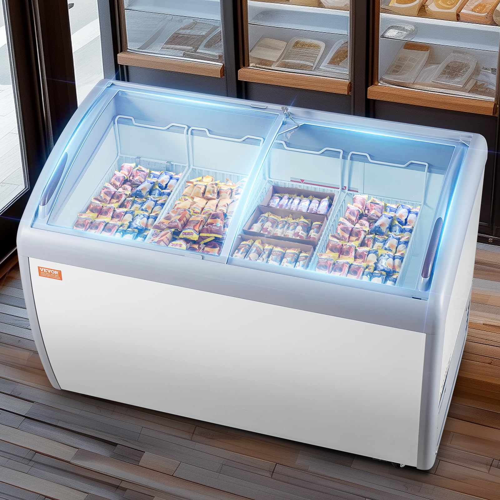 VEVOR Vetrina per Gelato Commerciale 362 L Congelatore Mobile con Piano in Vetro, Armadietto per Gelato per Ristorante, 4 Cestelli Metallici, 2 Porte Scorrevoli in Vetro, Ruote con Bloccaggio, Bianco