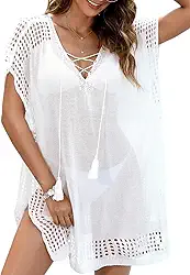 Saída de praia feminina com borlas e mangas morcego de crochê macio, serve para 0-18