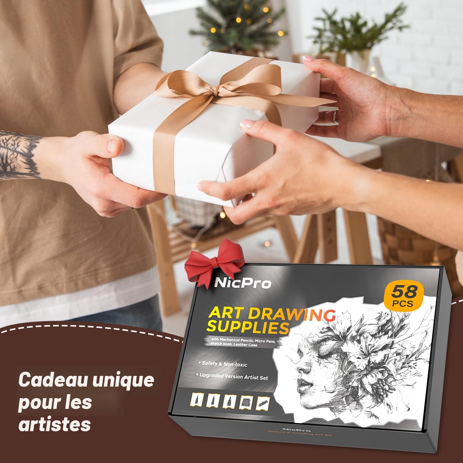 Nicpro Kit de 58 fournitures de dessin artistique dans un étui en cuir, porte mines d'art avec 6 criterium en métal de 0,5, 0,7, 0,9 et 2 mm, stylo 12 microns, carnet de croquis, 30 recharges de mine