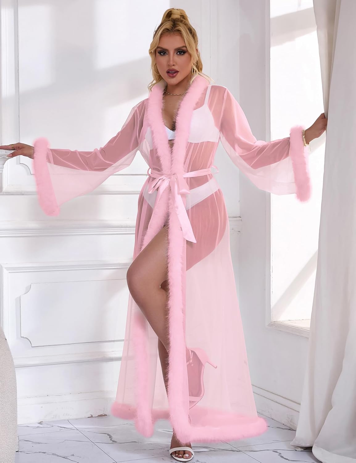comeondear Women Lace Gown Kimono Robe with Fur Sexy Cover Up Chemise Bride Bathrobe Sleepwear
