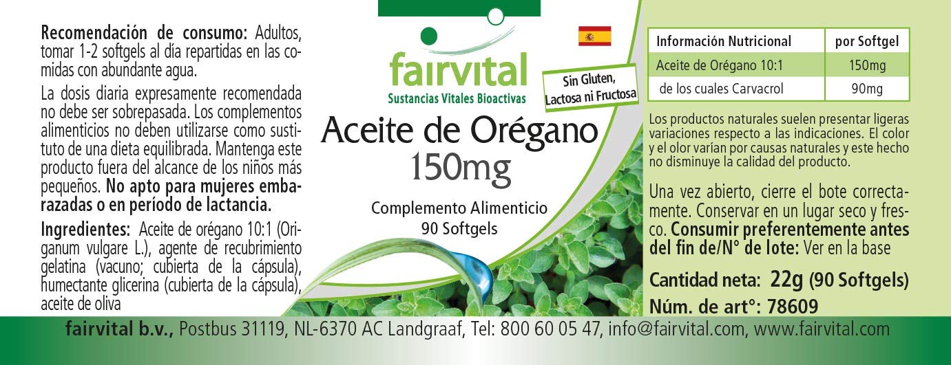 fairvital Capsule di olio di origano 150 mg, 90 capsule molli, facili da deglutire, ALTO DOSAGGIO, estratto di olio di origano 10:1, Origanum vulgare