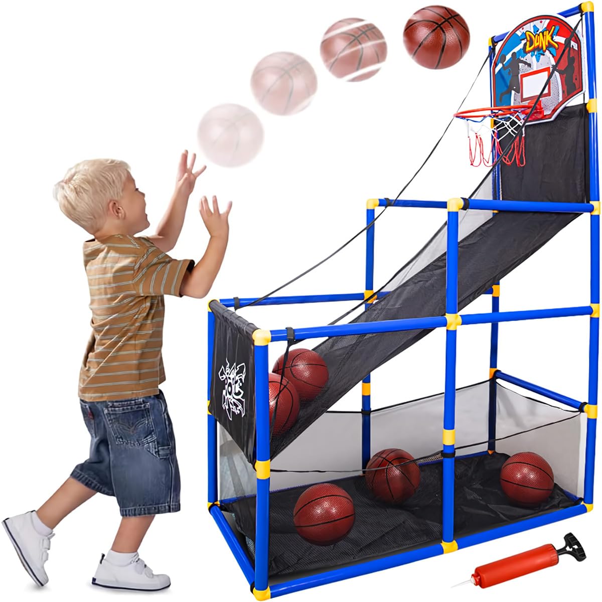 Basketball Hoop Arcade Game Toy Basketball Hoop Shoot Training System Portable Lightweight Sets with 6 Balls & Pump, Gift for Toddlers Kids Boys Girls Indoor Outdoor Basketball Shoot Sports Game