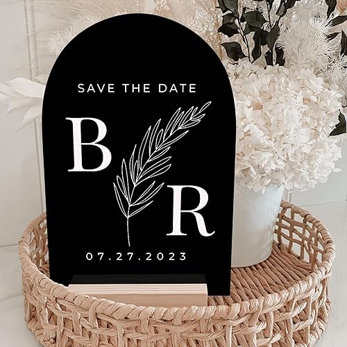 Miniatura 6 de Cartel de mesa de acrílico de arco negro con soporte de madera, paquete de 10 hojas acrílicas arqueadas en blanco con base, letrero acrílico en