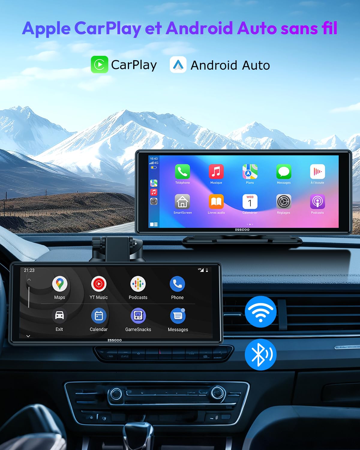 ESSGOO 10.26 Pouces Écran Voiture CarPlay sans Fil avec Caméra de Recul