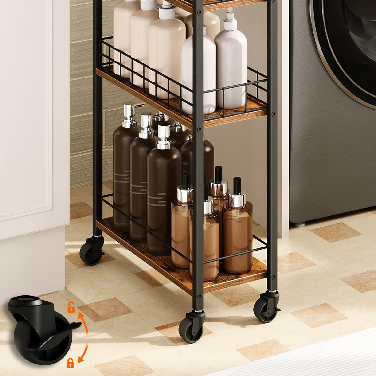 HOOBRO Carrello da Cucina a 4 Ripiani, Carrello di Servizio Stretto e Multifunzione, con Ruote e Cestelli in Rete, per Cucina, Bagno, Sala da Pranzo, Lavanderia, Marrone Vintage e Nero EBF17TC01