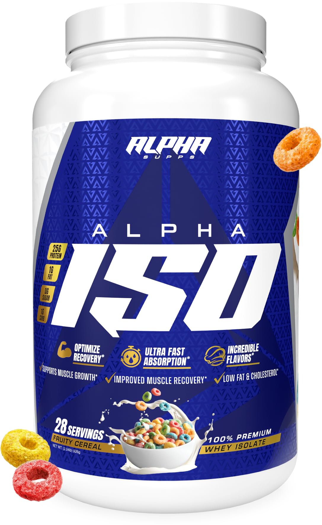 Alpha Supps ISO, aislado de proteína de suero 100 % bajo en carbohidratos, 25 gramos por porción, favorece el crecimiento muscular, bajo en azúcar y sin gluten (cereal de frutas, 900 g)
