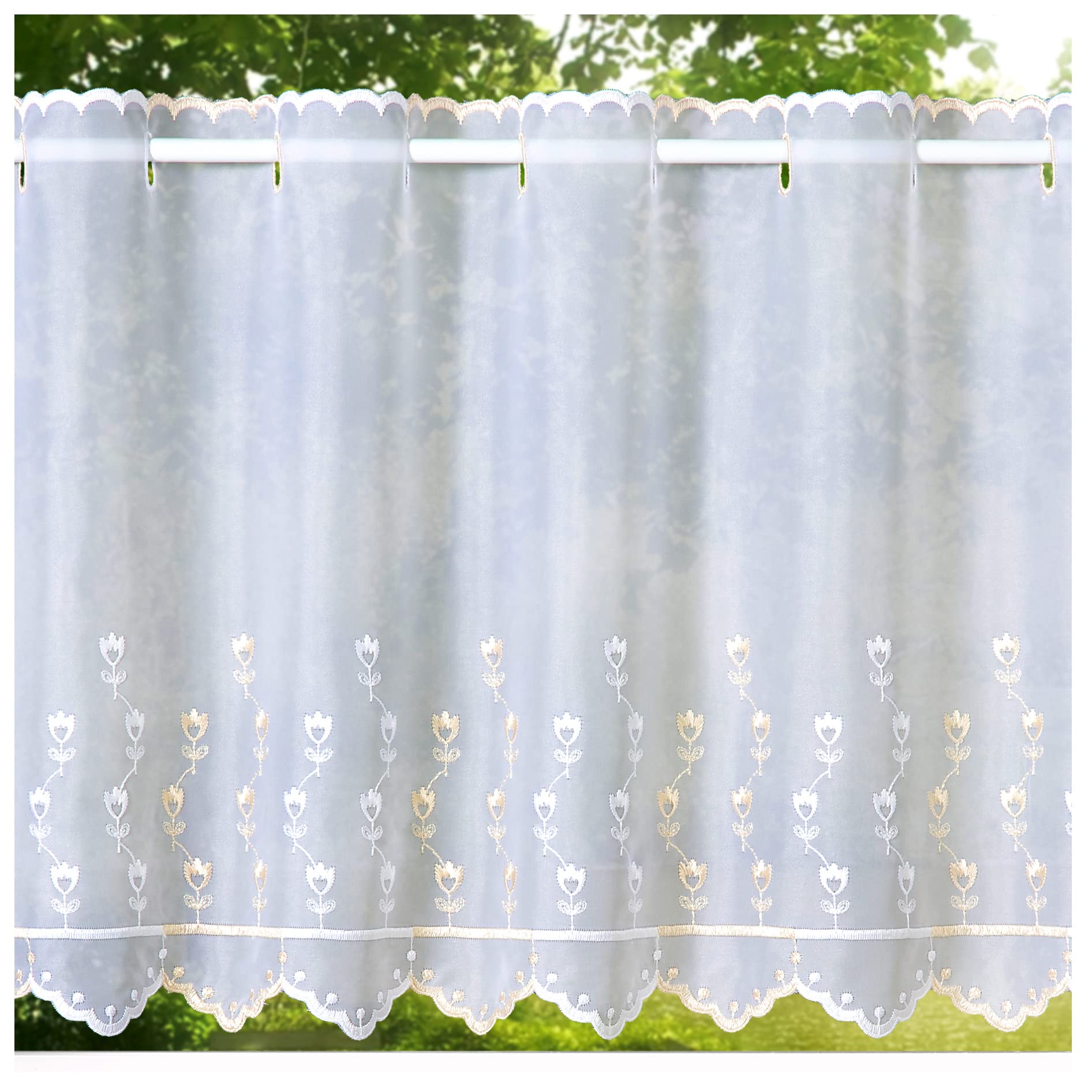 heimtexland Type 168, curtain with eyelets in white embroidered with flowers of soft flowing voile, HxW 245x140cm, top quality, unpack, hang and ready