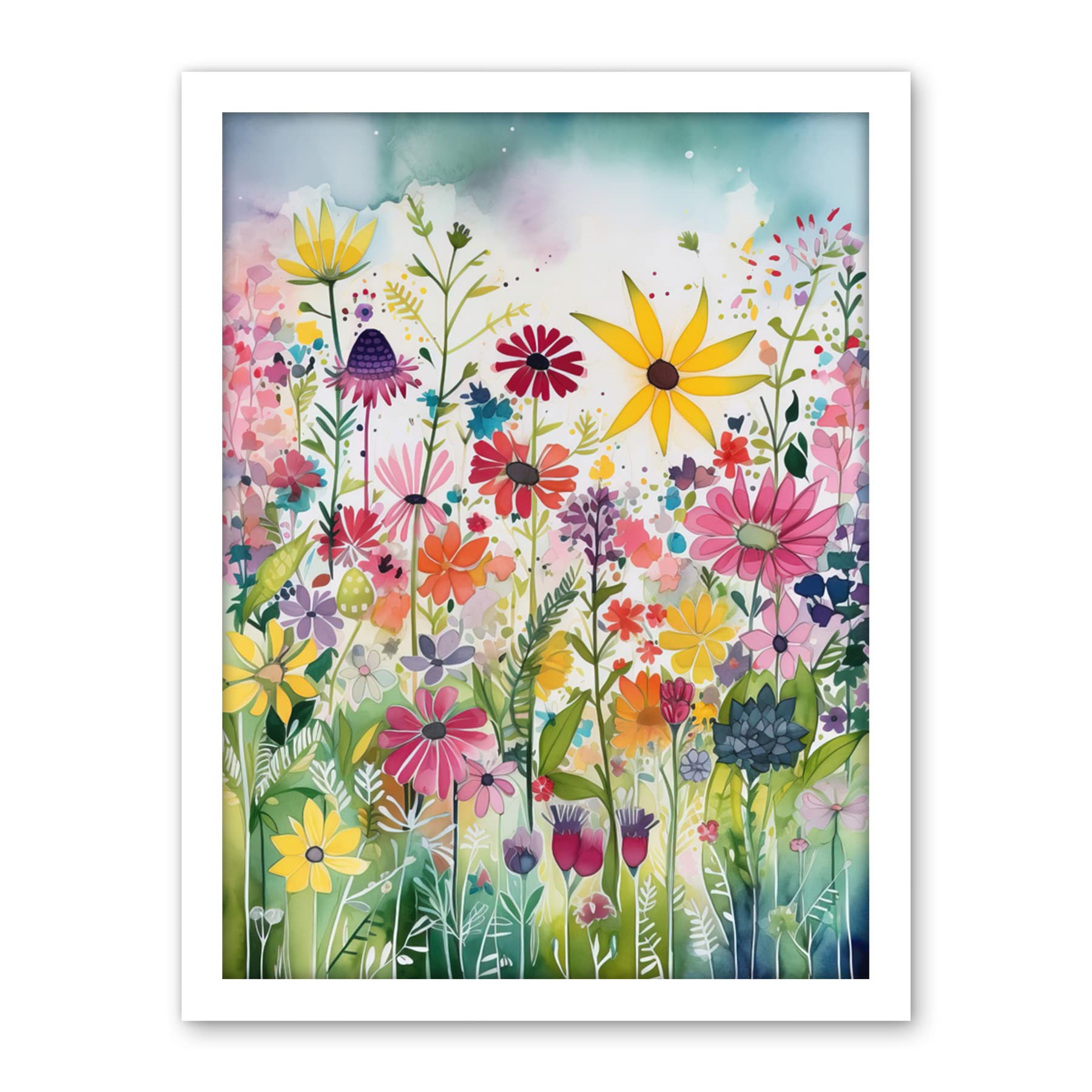 Artery8 Bright Wildflower Floral Blooms Folk Art Artwork Framed Wall Art Print 18X24 Inch