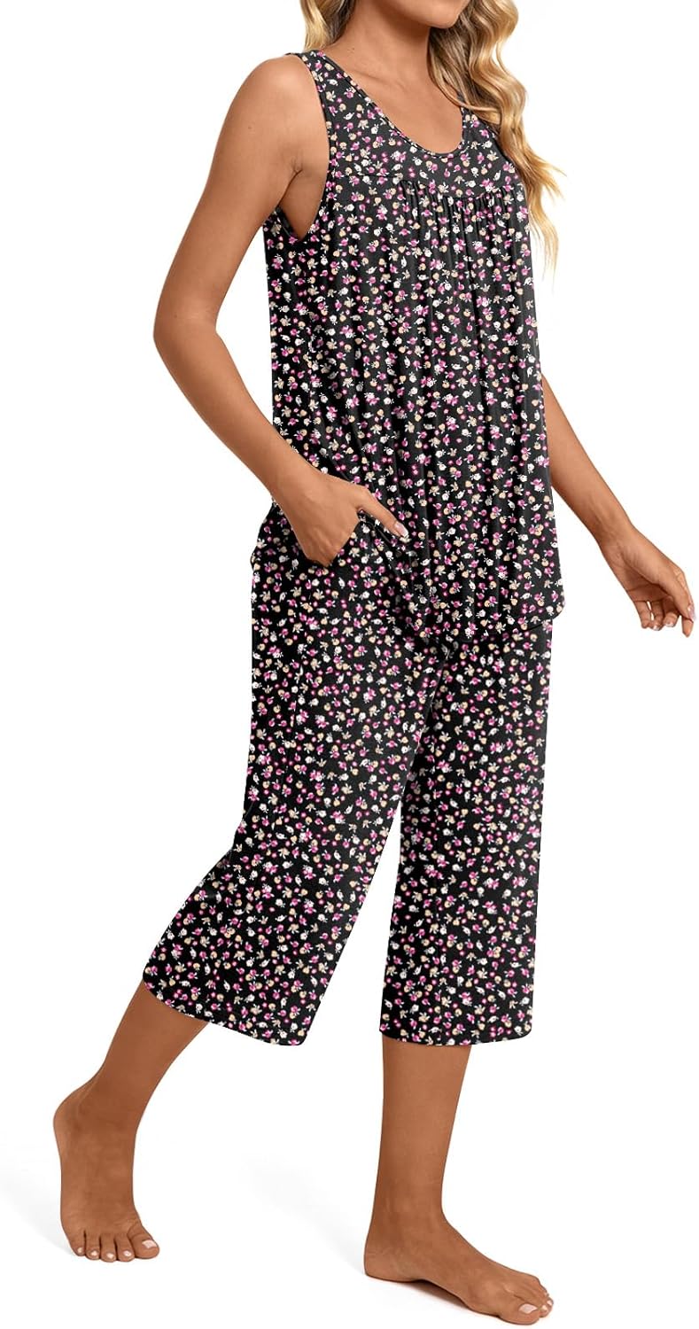 TAOHUADAO Womens Summer 2 Piece Pajama Sets, Sleeveless Tops with Capri Pants, Lounge Ladies Pjs Sets with Pockets - Image 2