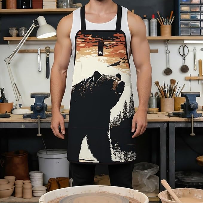 Delantal de trabajo con diseño de oso, negro, ajustable miniatura 4