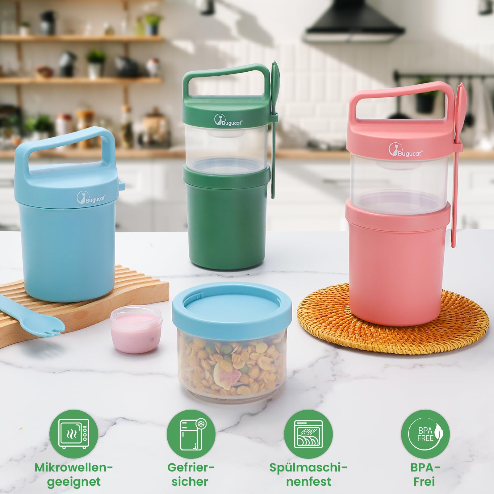 HENGBIRD Lot De 4 Gobelets à Céréales à Emporter Avec Cuillère, Gobelet à Yaourt 2 En 1 Pour Les Déplacements (2 Couches, 310 Ml + 560 Ml