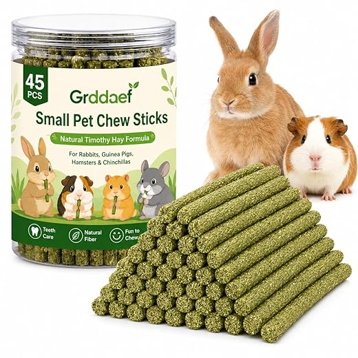 Grddaef 45Pcs Rabbit Toys, 300g Natural Timothy Grass Molar Teeth Stick Chew Toys for Chinchilla Rabbit Bunny Guinea Pig Treats