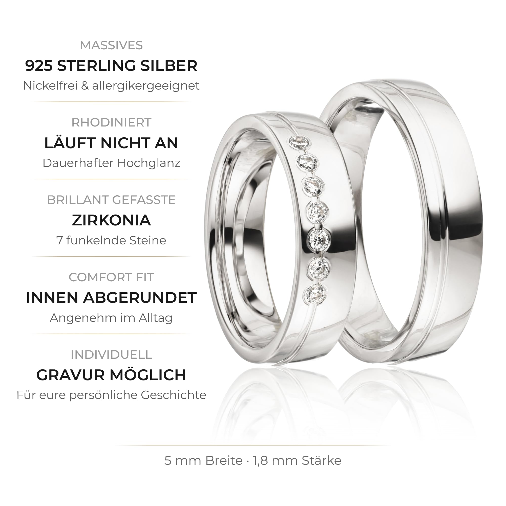 Kolibri Rings Paarpreis Silber Eheringe Rhodiniert 7 Zirkonia Steine Trauringe Partnerringe Freundschaftsringe - Gravur und Etui