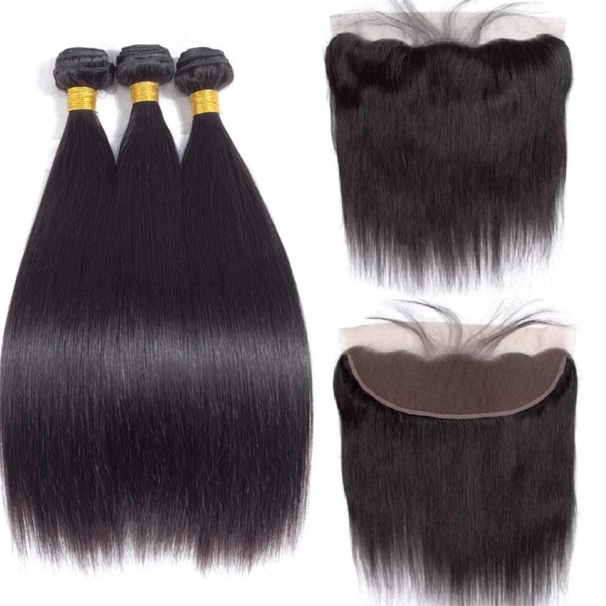 Human Hair Bundles with Frontal (18 20 22 +16) Straight 13x4 Ear To Ear Lace Frontal 100% Unprocessed Brazilian Virgin Human Hair Extensions With HD Lace Frontal Free Part Natural Color