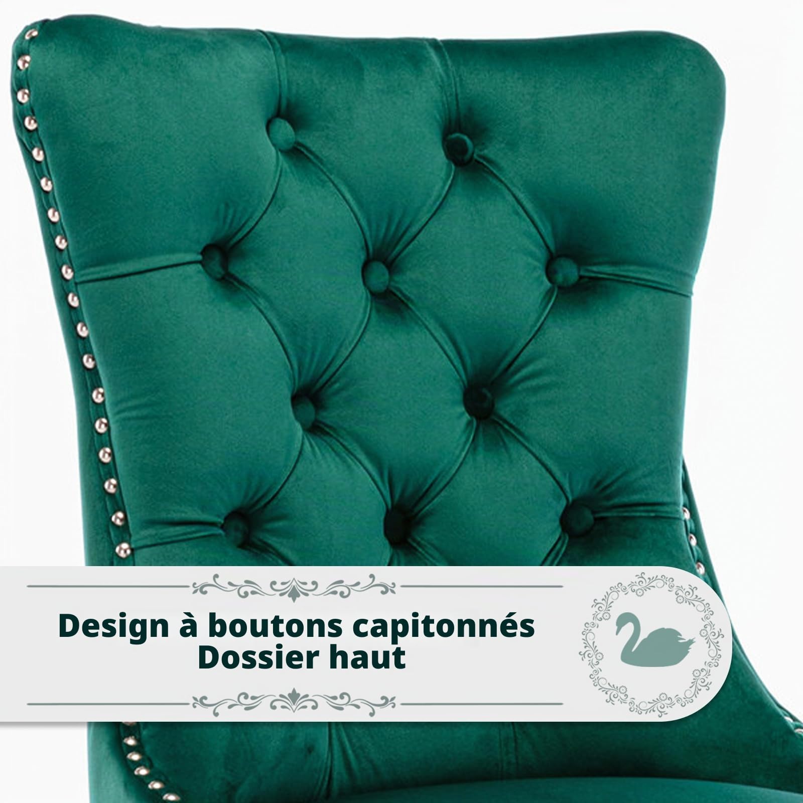 Lot de 6 chaises de Salle à Manger rembourrées en Velours de Style Moderne avec Garniture en tête de Clou et Pieds en Bois, Anneau de Traction en métal pour Salle à Manger, Salon (Vert)