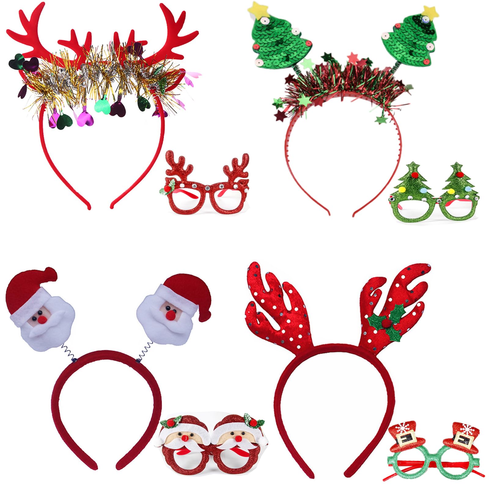 AOMAIGAD 4 Piezas Diadema de Navidad y 4 Piezas Marcos de Gafas de Navidad,Diadema Navideña,Monturas de Gafas Navideñas,Juego de Fiesta Navideña para Niños y Adultos para Disfraces